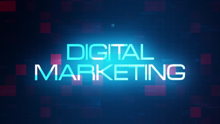 Digital Marketing word tag cloud text animation on modern futuristic digital technology blue and red grid background. 4K 3D rendering text concept for intro title, trailer, business presentation.