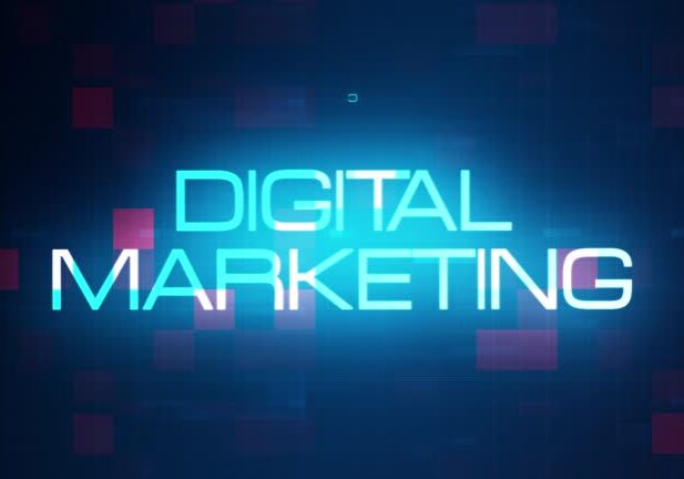 Digital Marketing word tag cloud text animation on modern futuristic digital technology blue and red grid background. 4K 3D rendering text concept for intro title, trailer, business presentation.