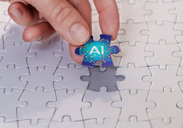 The businesswoman places the last piece of the puzzle, the concept of artificial intelligence.